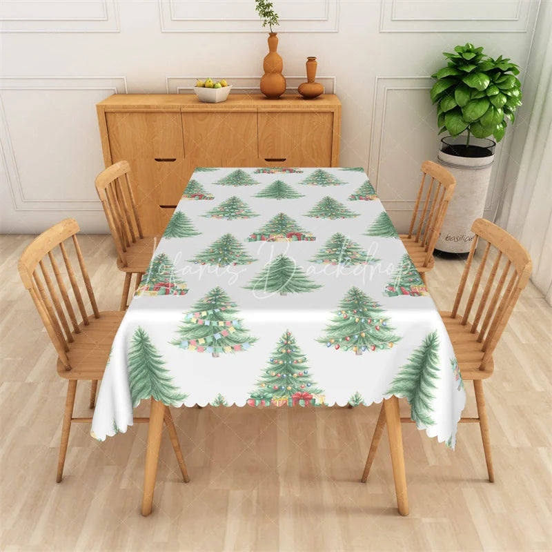 Lofaris Watercolor Christmas Tree Rectangle Tablecloth White with Pine Trees Holiday Party Table Cover Decor
