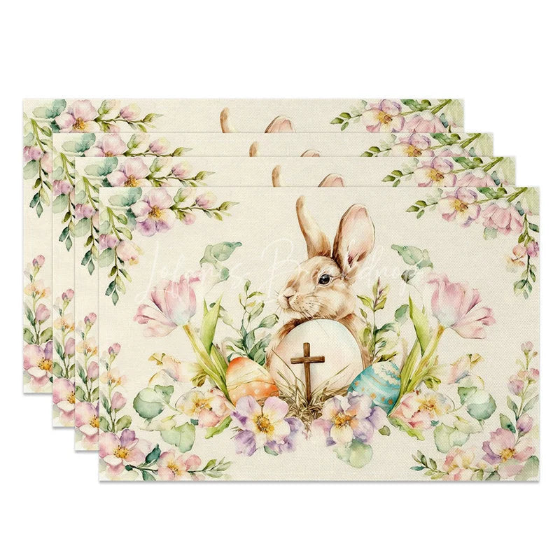 Lofaris Watercolor Cross Egg Easter Bunny Set of 4 Placemats Pink Floral Rabbit Table Mats for Holy Day