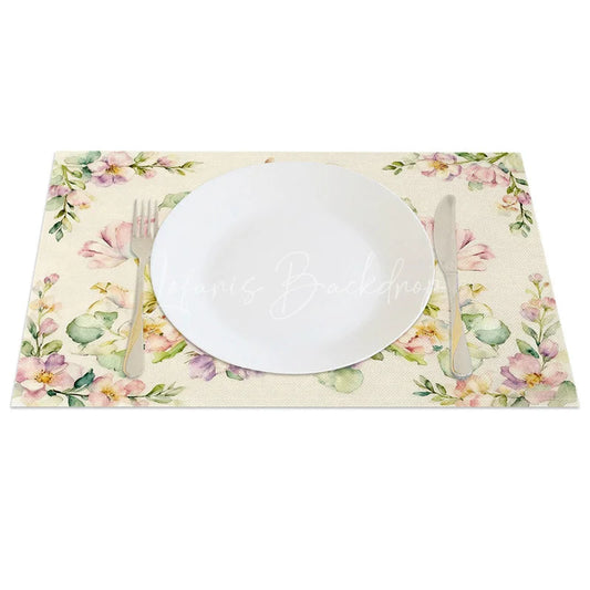 Lofaris Watercolor Cross Egg Easter Bunny Set of 4 Placemats Pink Floral Rabbit Table Mats for Holy Day