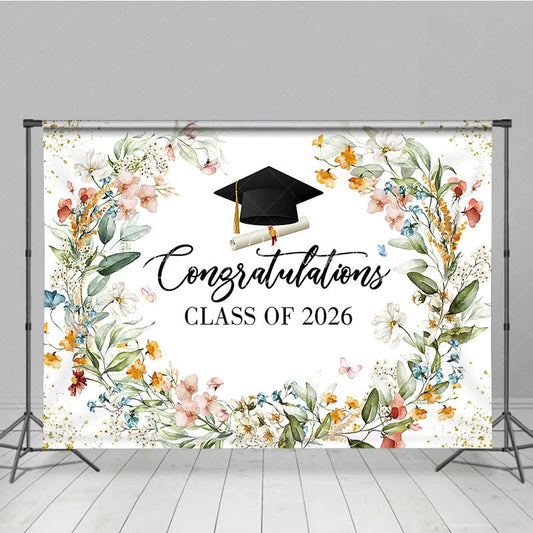 Lofaris Watercolor Floral Congratulations Class of 2026 Backdrop Elegant Graduation Party Banner