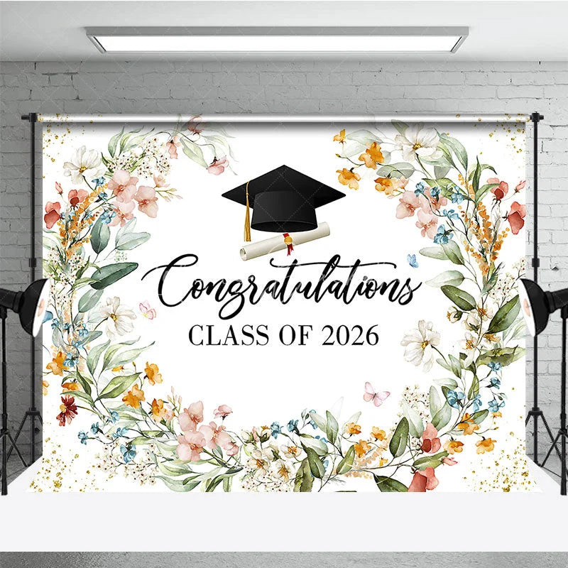 Lofaris Watercolor Floral Congratulations Class of 2026 Backdrop Elegant Graduation Party Banner