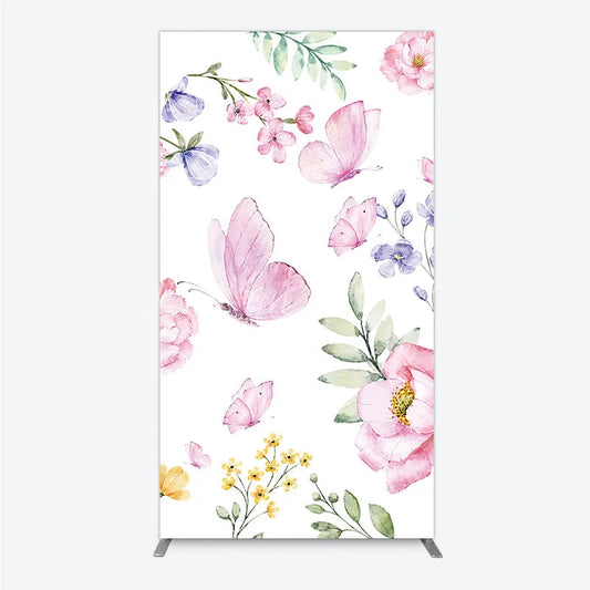 Lofaris Watercolor Floral Rectangle Arch Backdrop with Pink Butterflies Peonies and Purple Blossoms Spring Garden Theme