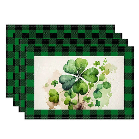 Lofaris Watercolor Four Leaf Clover Set of 4 Placemats Artistic Shamrock and Green Buffalo Plaid Table Mats