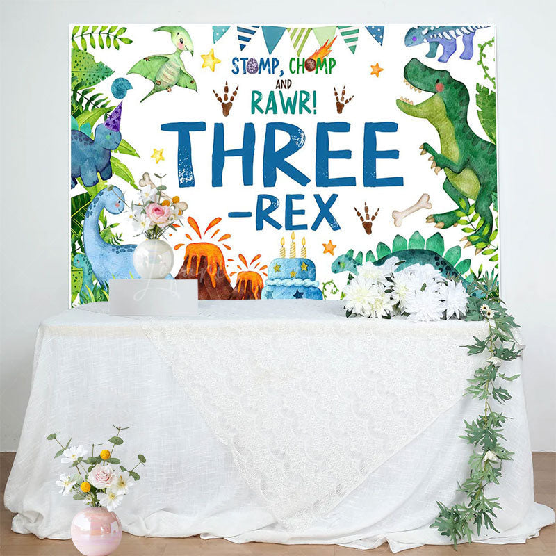 Lofaris Watercolor Green Dinosaur Three Rex Birthday Backdrop