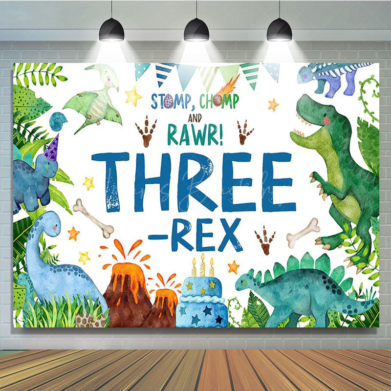 Lofaris Watercolor Green Dinosaur Three Rex Birthday Backdrop