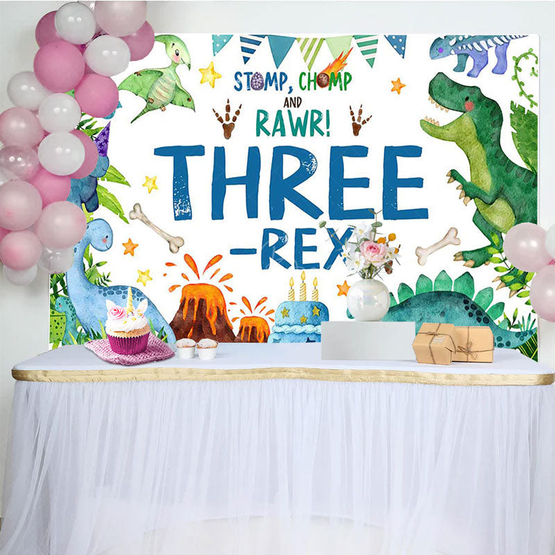 Lofaris Watercolor Green Dinosaur Three Rex Birthday Backdrop