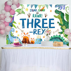 Lofaris Watercolor Green Dinosaur Three Rex Birthday Backdrop