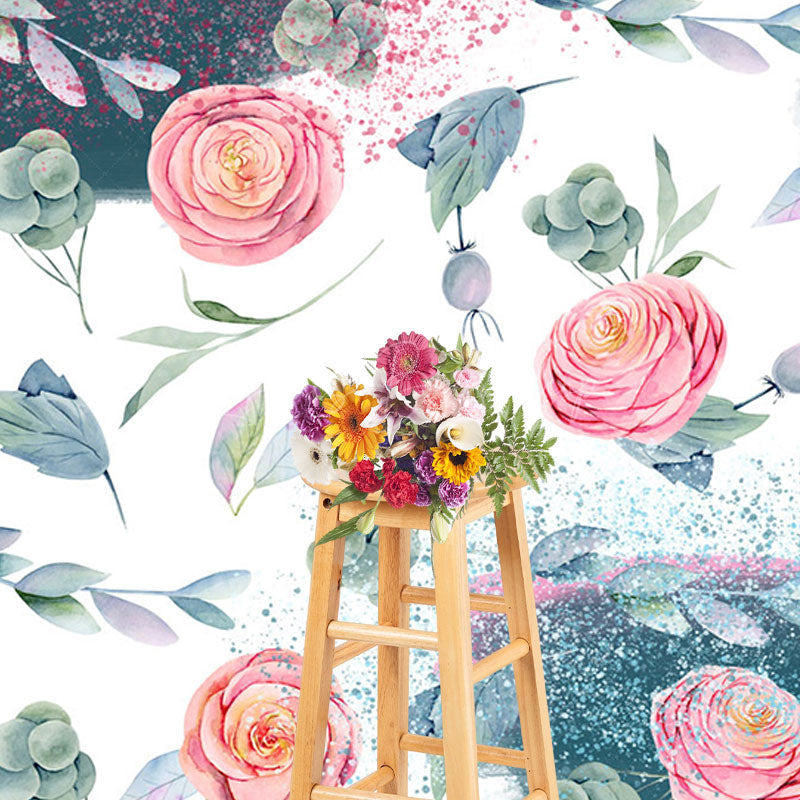 Lofaris Watercolor Green Fruit Leaves Pink Rose Backdrop