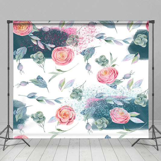 Lofaris Watercolor Green Fruit Leaves Pink Rose Backdrop