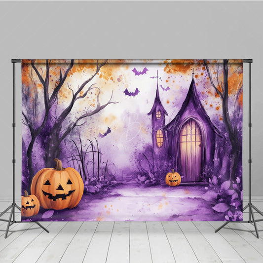 Lofaris Watercolor Halloween Photography Backdrop Purple Spooky Church and Pumpkins Whimsical Haunted Forest Scene