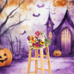Lofaris Watercolor Halloween Photography Backdrop Purple Spooky Church and Pumpkins Whimsical Haunted Forest Scene
