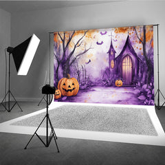 Lofaris Watercolor Halloween Photography Backdrop Purple Spooky Church and Pumpkins Whimsical Haunted Forest Scene
