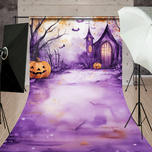 Lofaris Watercolor Halloween Sweep Backdrop Purple Spooky Church and Pumpkins Whimsical Haunted Forest Scene