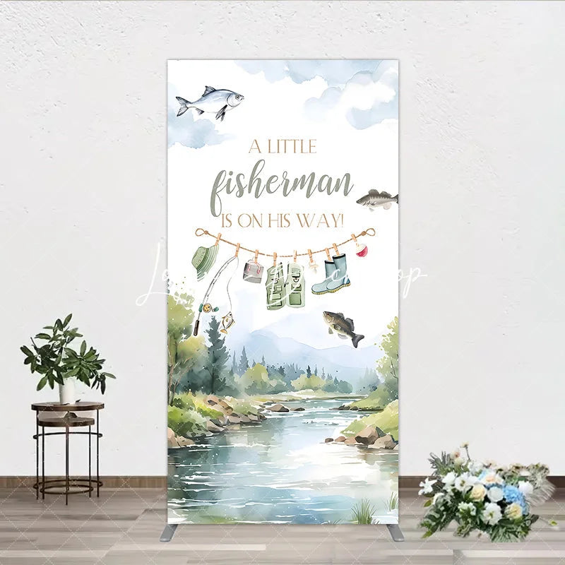 Lofaris Watercolor Little Fisherman Is On His Way Baby Shower Rectangle Arch Backdrop River Landscape Decor