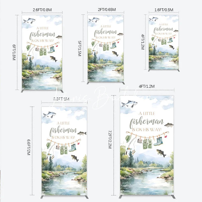Lofaris Watercolor Little Fisherman Is On His Way Baby Shower Rectangle Arch Backdrop River Landscape Decor