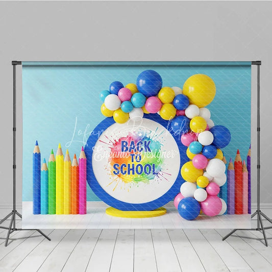 Lofaris Watercolor Paint Splash Back To School Backdrop Colored Pencils Blue Circle Balloon Background Art Photography