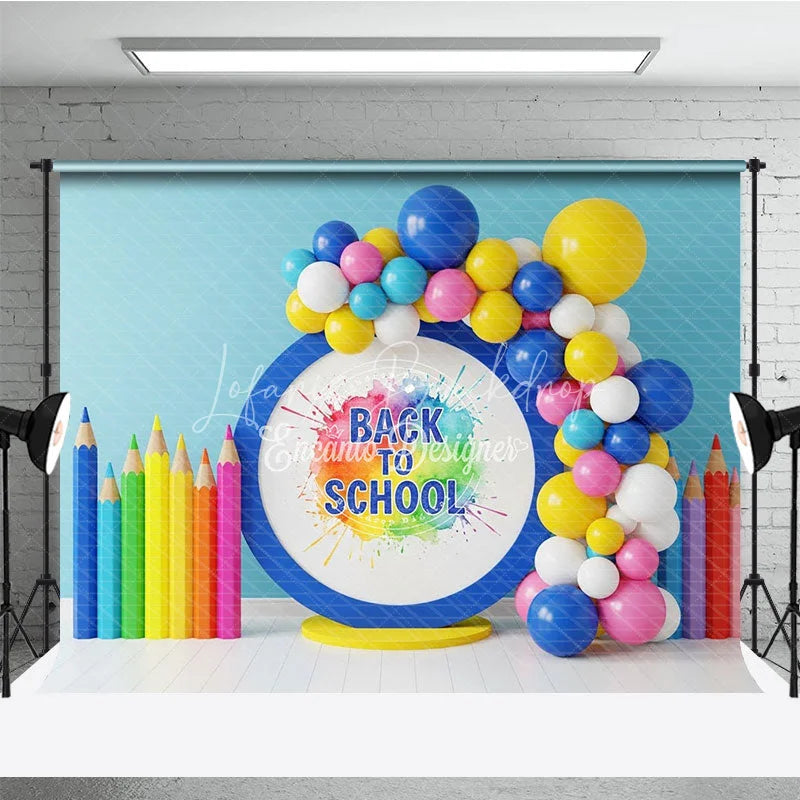 Lofaris Watercolor Paint Splash Back To School Backdrop Colored Pencils Blue Circle Balloon Background Art Photography