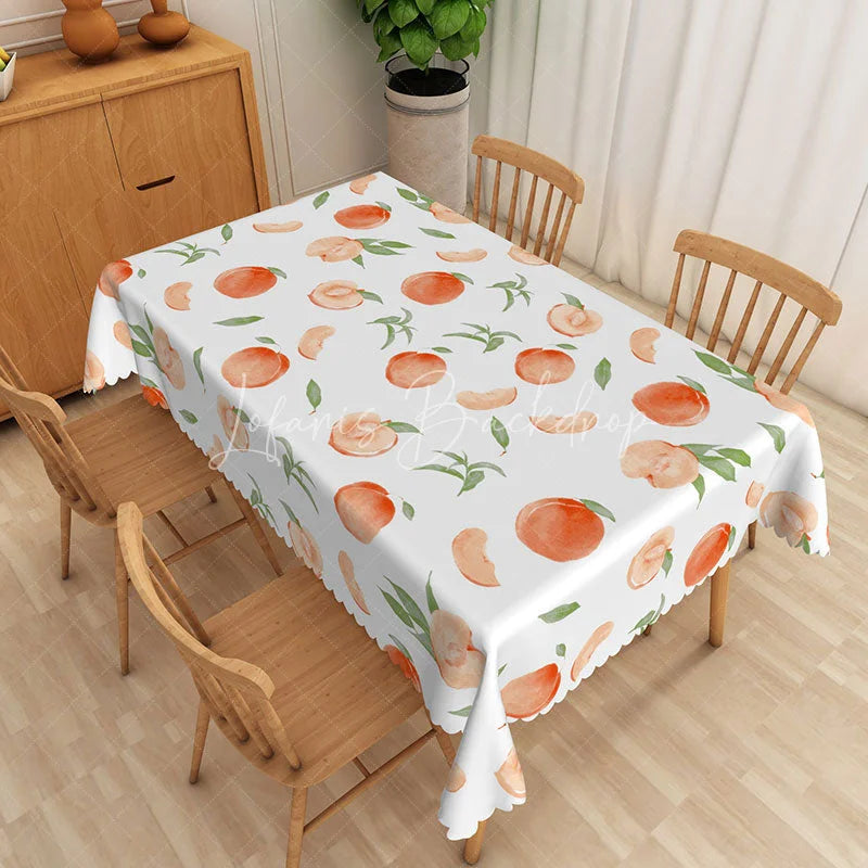 Lofaris Watercolor Peach Fruit Rectangle Tablecloth Fresh Green Leaf Dining Table Cover for Kitchen