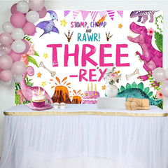 Lofaris Watercolor Pink Dinosaur Three Rex Birthday Backdrop
