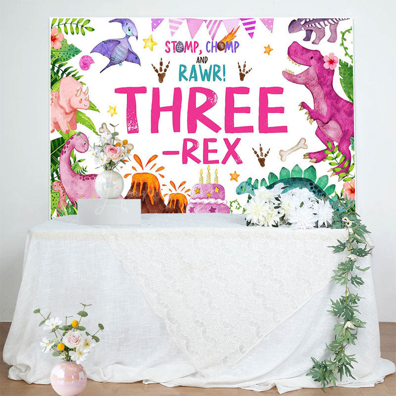 Lofaris Watercolor Pink Dinosaur Three Rex Birthday Backdrop