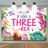 Lofaris Watercolor Pink Dinosaur Three Rex Birthday Backdrop