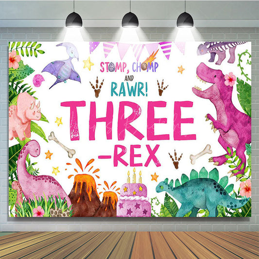 Lofaris Watercolor Pink Dinosaur Three Rex Birthday Backdrop