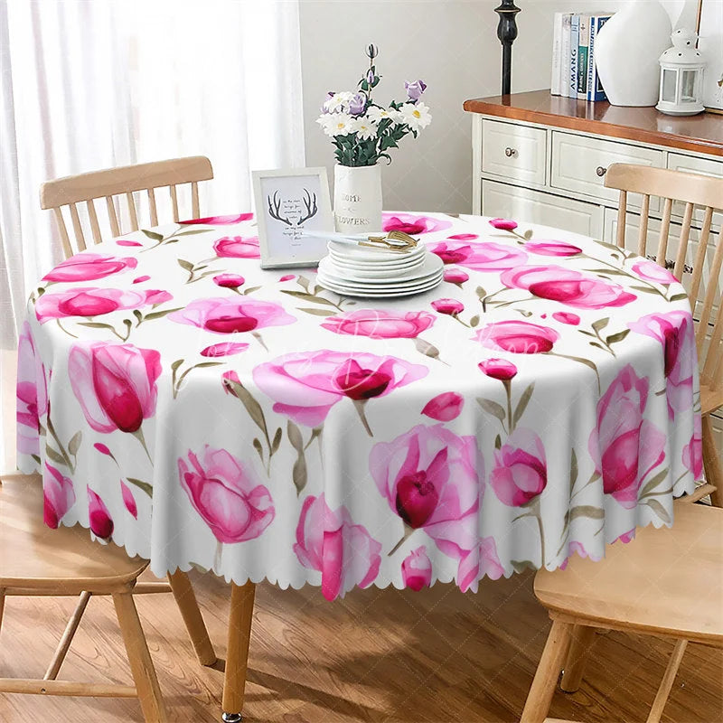 Lofaris Watercolor Pink Peony Round Tablecloth Spring Floral Flower Pattern Table Cover for Wedding
