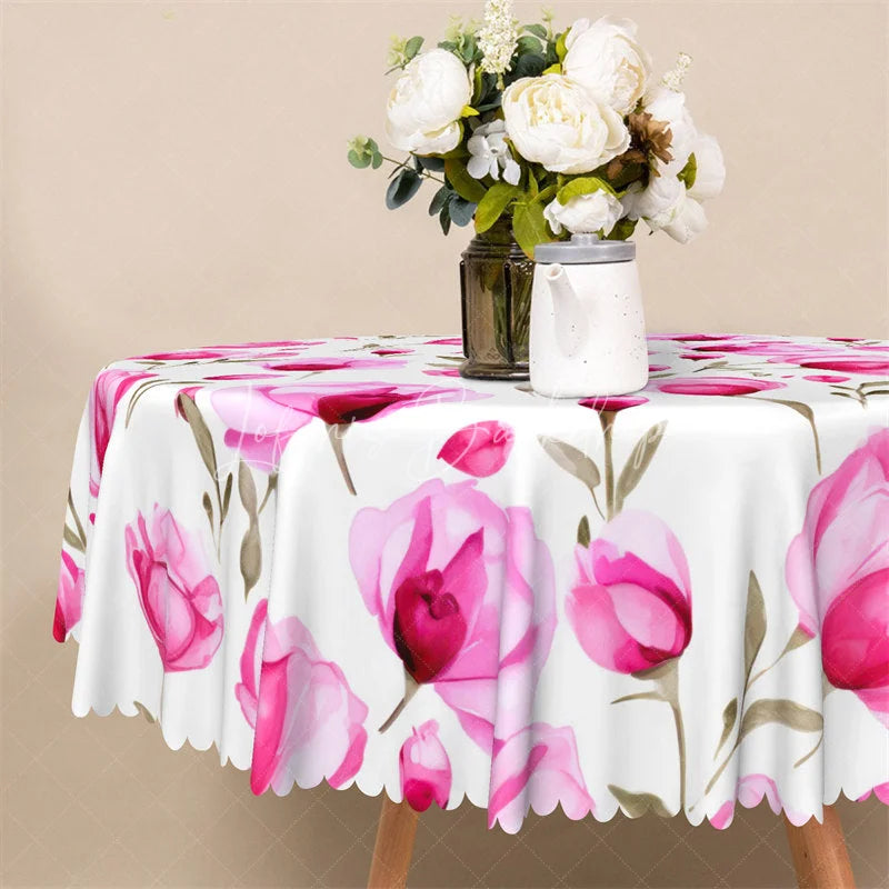 Lofaris Watercolor Pink Peony Round Tablecloth Spring Floral Flower Pattern Table Cover for Wedding
