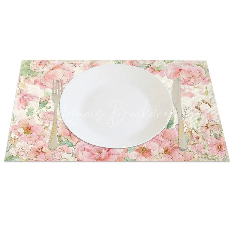 Lofaris Watercolor Pink Rose Set of 4 Placemats Easter Bunny Floral Spring Table Mats for Holiday Party