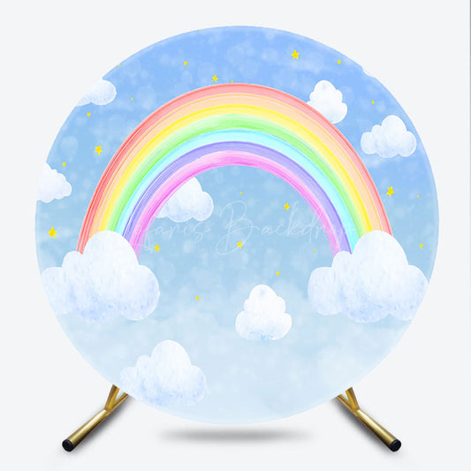 Lofaris Watercolor Rainbow in the Sky Round Backdrop Pastel Clouds and Stars for Birthday Baby Shower Photo Booth Decor