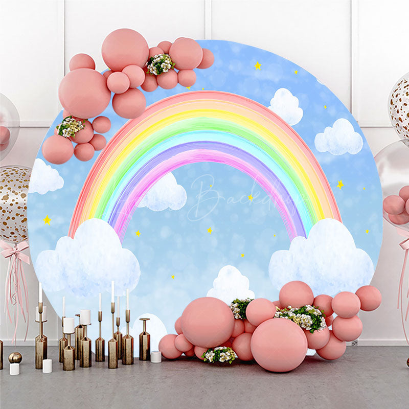 Lofaris Watercolor Rainbow in the Sky Round Backdrop Pastel Clouds and Stars for Birthday Baby Shower Photo Booth Decor