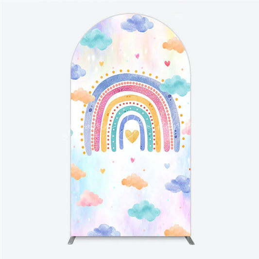 Lofaris Watercolor Rainbow with Pastel Clouds and Hearts Round Top Arch Backdrop Dreamy Baby Shower Birthday Decor