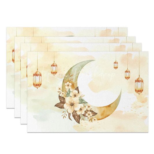 Lofaris Watercolor Ramadan Moon and Flowers Set of 4 Placemats Boho Floral Eid Mubarak Dining Table Mats for Home