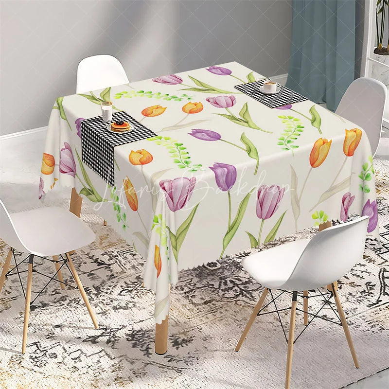 Lofaris Watercolor Spring Tulip Floral Rectangle Tablecloth Purple and Orange Flower Pattern Table Cover