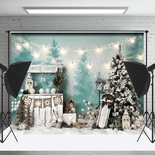 Lofaris Watercolor Trees Winter Kisses Christmas Backdrop