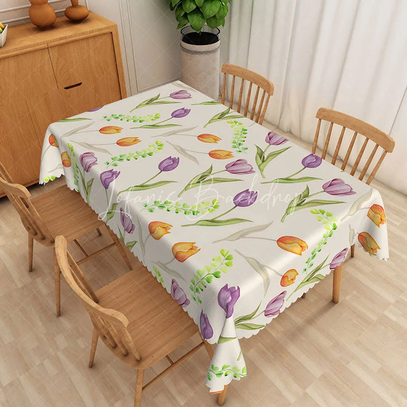 Lofaris Watercolor Tulip Floral Rectangle Tablecloth Purple Orange Flower Dining Table Cover for Spring