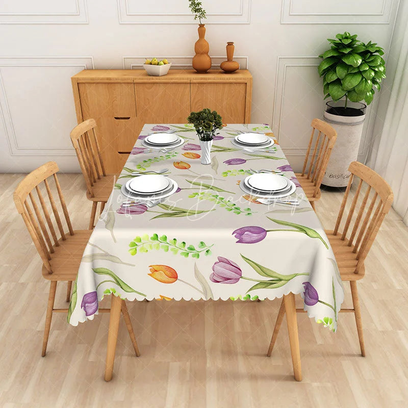 Lofaris Watercolor Tulip Floral Rectangle Tablecloth Purple Orange Flower Dining Table Cover for Spring