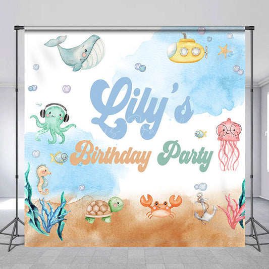 Lofaris Watercolor Undersea Animals Custom Birthday Backdrop