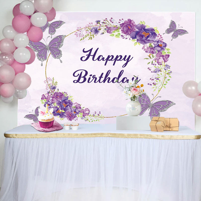 Lofaris Watercolor Violet Floral Butterfly Birthday Backdrop