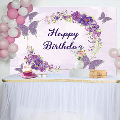 Lofaris Watercolor Violet Floral Butterfly Birthday Backdrop