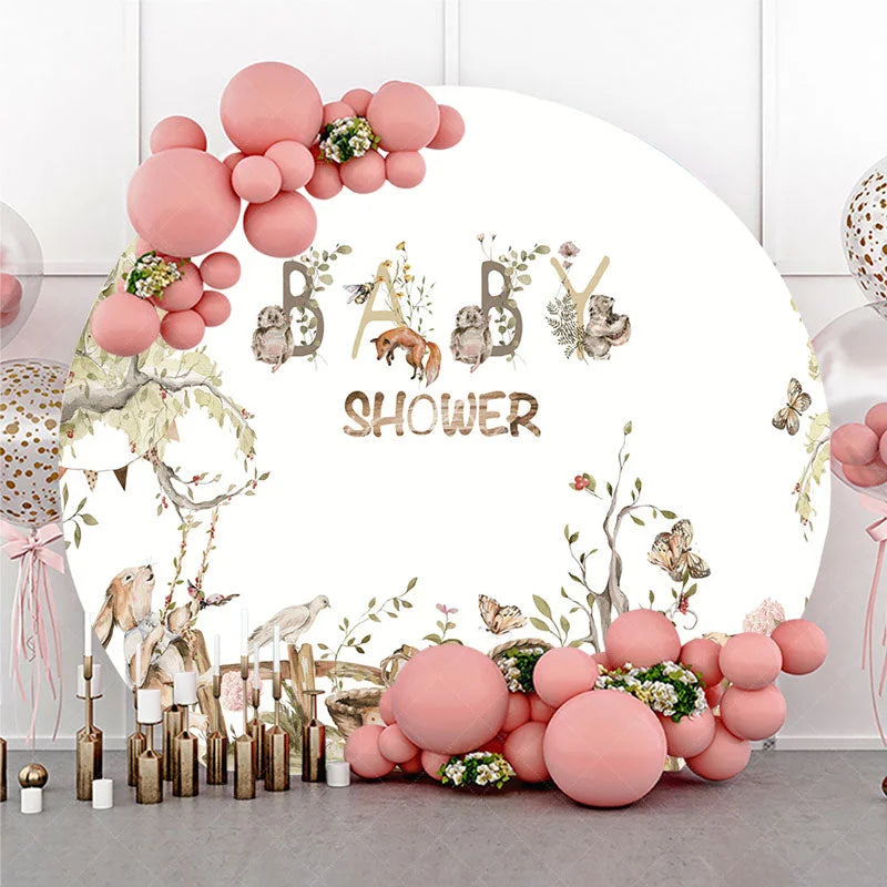Lofaris Watercolor Woodland Animals Baby Shower Round Backdrop with Fox Rabbits and Forest Trees
