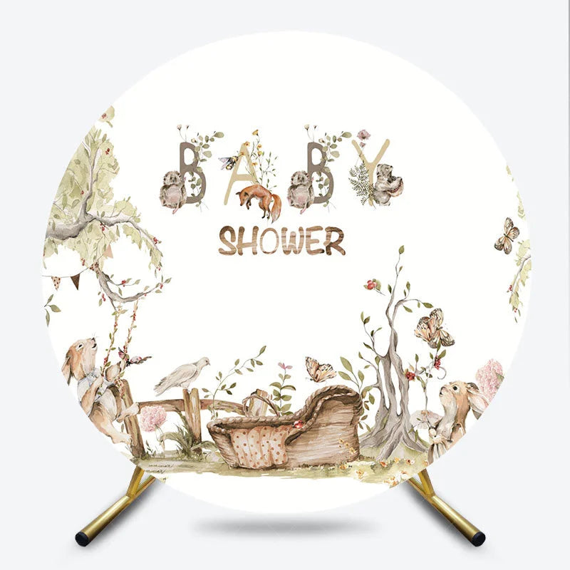 Lofaris Watercolor Woodland Animals Baby Shower Round Backdrop with Fox Rabbits and Forest Trees