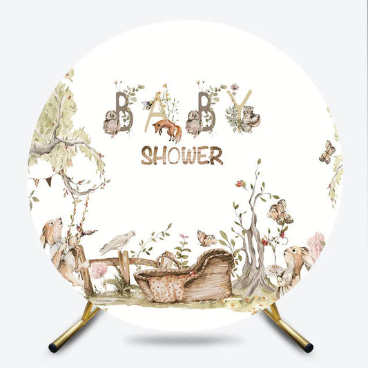 Lofaris Watercolor Woodland Animals Baby Shower Round Backdrop with Fox Rabbits and Forest Trees