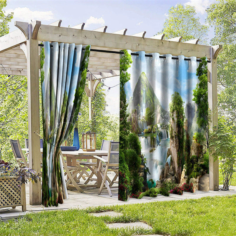 Lofaris Waterfall Landscape Waterproof Printed Outdoor Curtains