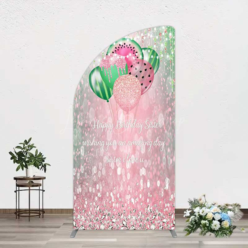 Lofaris Watermelon Balloons Pink Glitter Birthday Half Moon Arch Backdrop