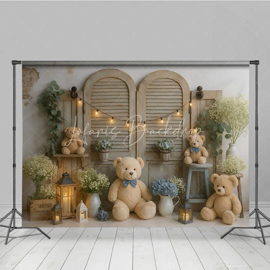 Lofaris We Can Bearly Wait Teddy Bear Photography Backdrop Rustic Shutters with Blue Hydrangeas Baby Shower Cake Smash