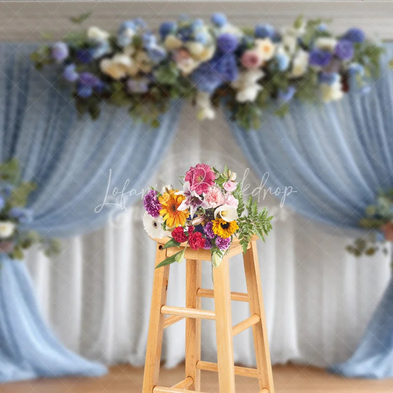 Lofaris Wedding Arch Backdrop Dusty Blue Drapes with Floral Decor Elegant Bridal Shower Photo Booth Background