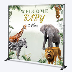 Lofaris Welcome Baby Custom Name Backdrop for Shower Safari Jungle Animals Wild Greenery Themed Photo Prop Decor