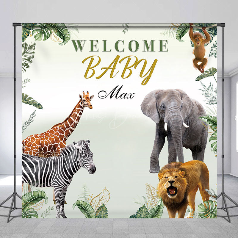 Lofaris Welcome Baby Custom Name Backdrop for Shower Safari Jungle Animals Wild Greenery Themed Photo Prop Decor
