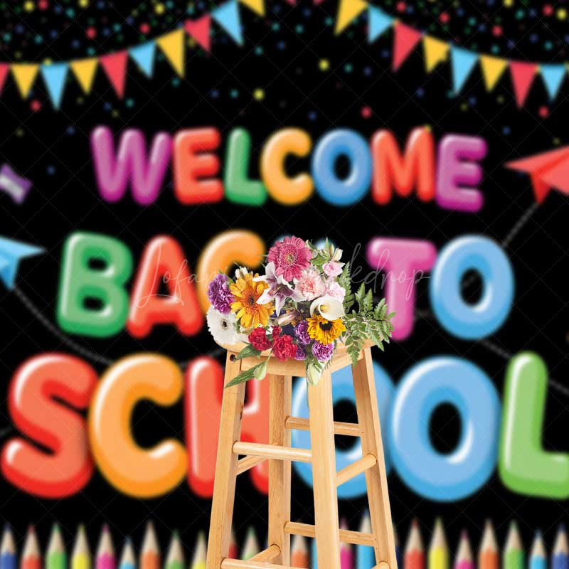 Lofaris Welcome Back To School Backdrop Banner Colorful Classroom and Supplies Decor First Day of Photo Prop